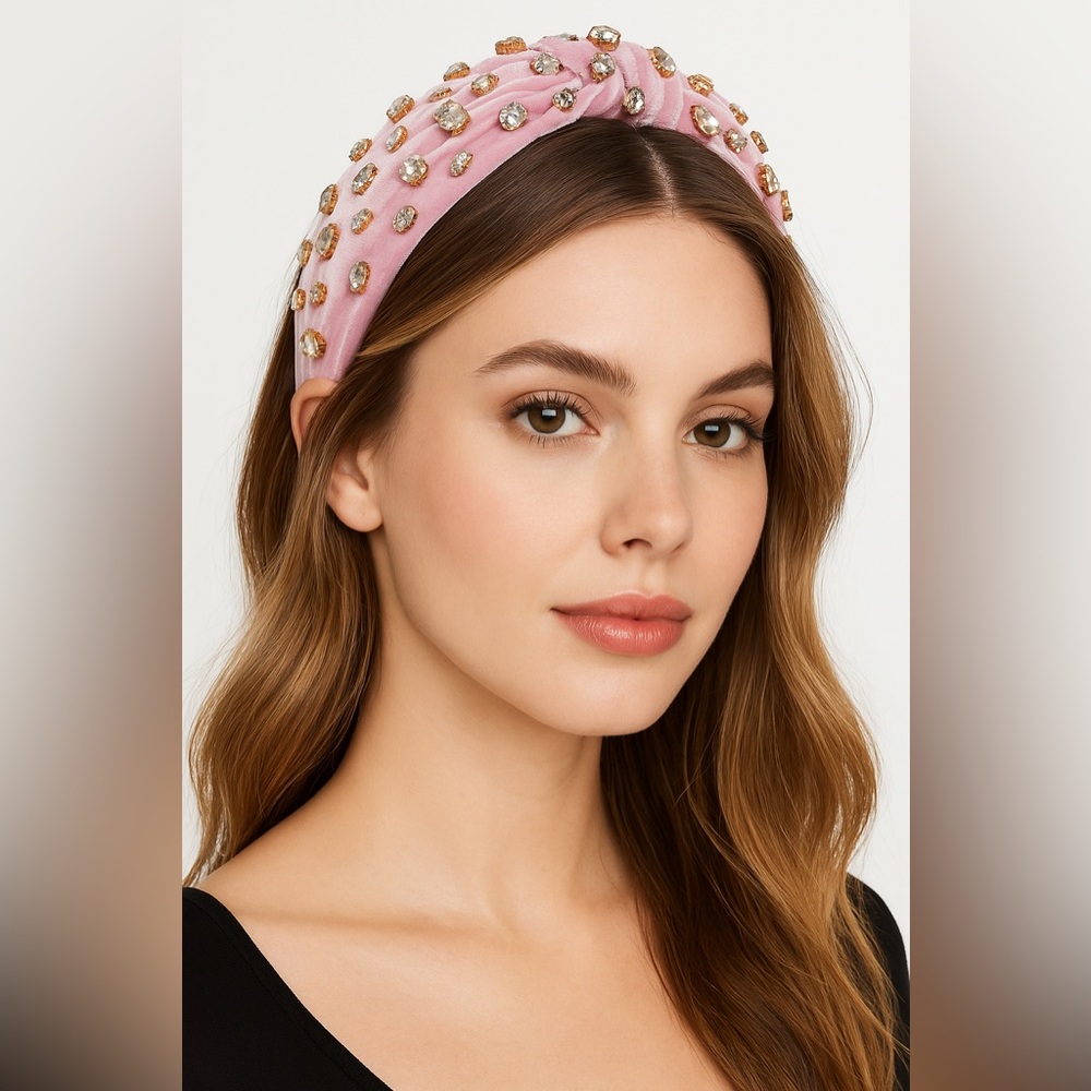 ✨ Rhinestone Knotted Velvet Headband – Pink Rainbow Crystal ✨